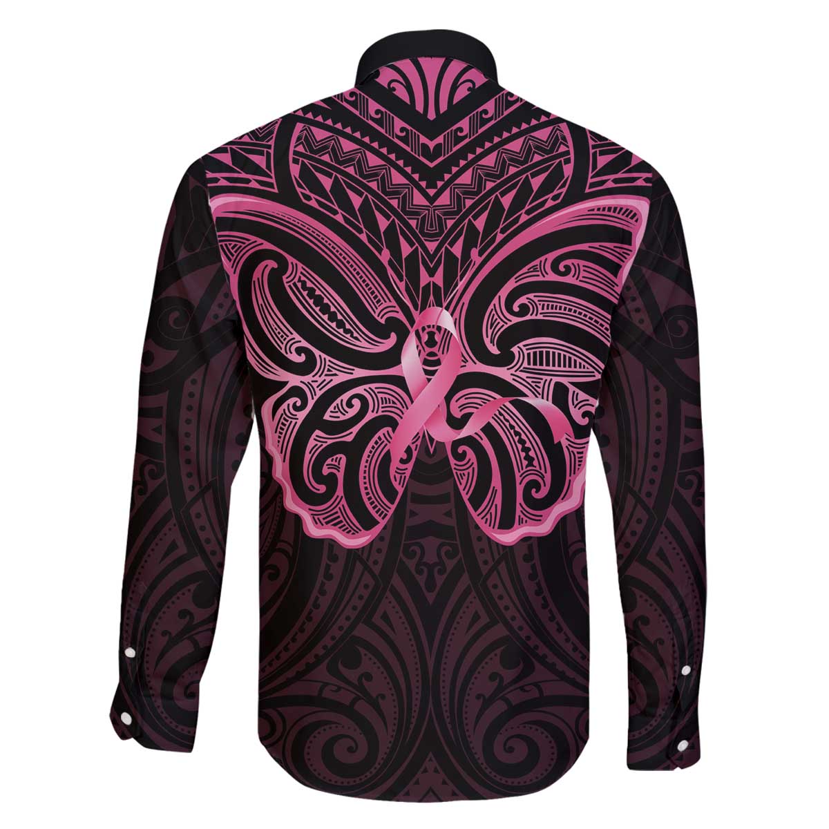 New Zealand Breast Cancer Awareness Family Matching Off The Shoulder Long Sleeve Dress and Hawaiian Shirt Maori Butterfly Pink Ribbon Black Version - Polynesian Pride