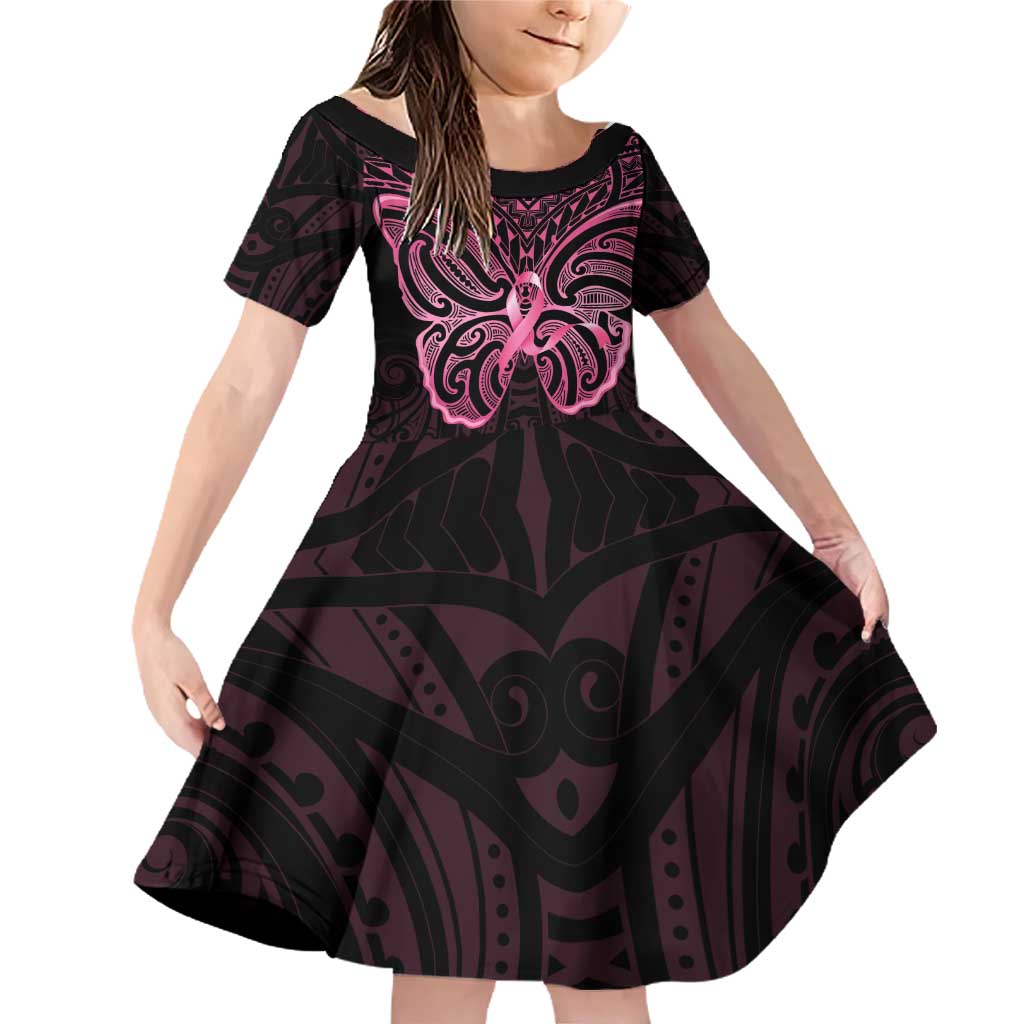 New Zealand Breast Cancer Awareness Family Matching Off Shoulder Short Dress and Hawaiian Shirt Maori Butterfly Pink Ribbon Black Version - Polynesian Pride