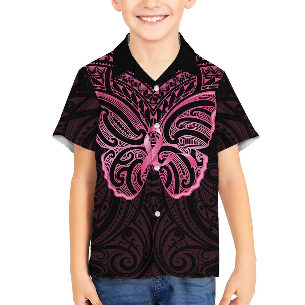 New Zealand Breast Cancer Awareness Family Matching Off Shoulder Short Dress and Hawaiian Shirt Maori Butterfly Pink Ribbon Black Version - Polynesian Pride
