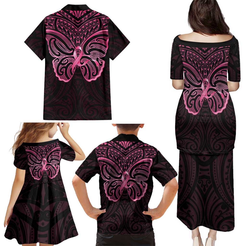New Zealand Breast Cancer Awareness Family Matching Puletasi and Hawaiian Shirt Maori Butterfly Pink Ribbon Black Version - Polynesian Pride