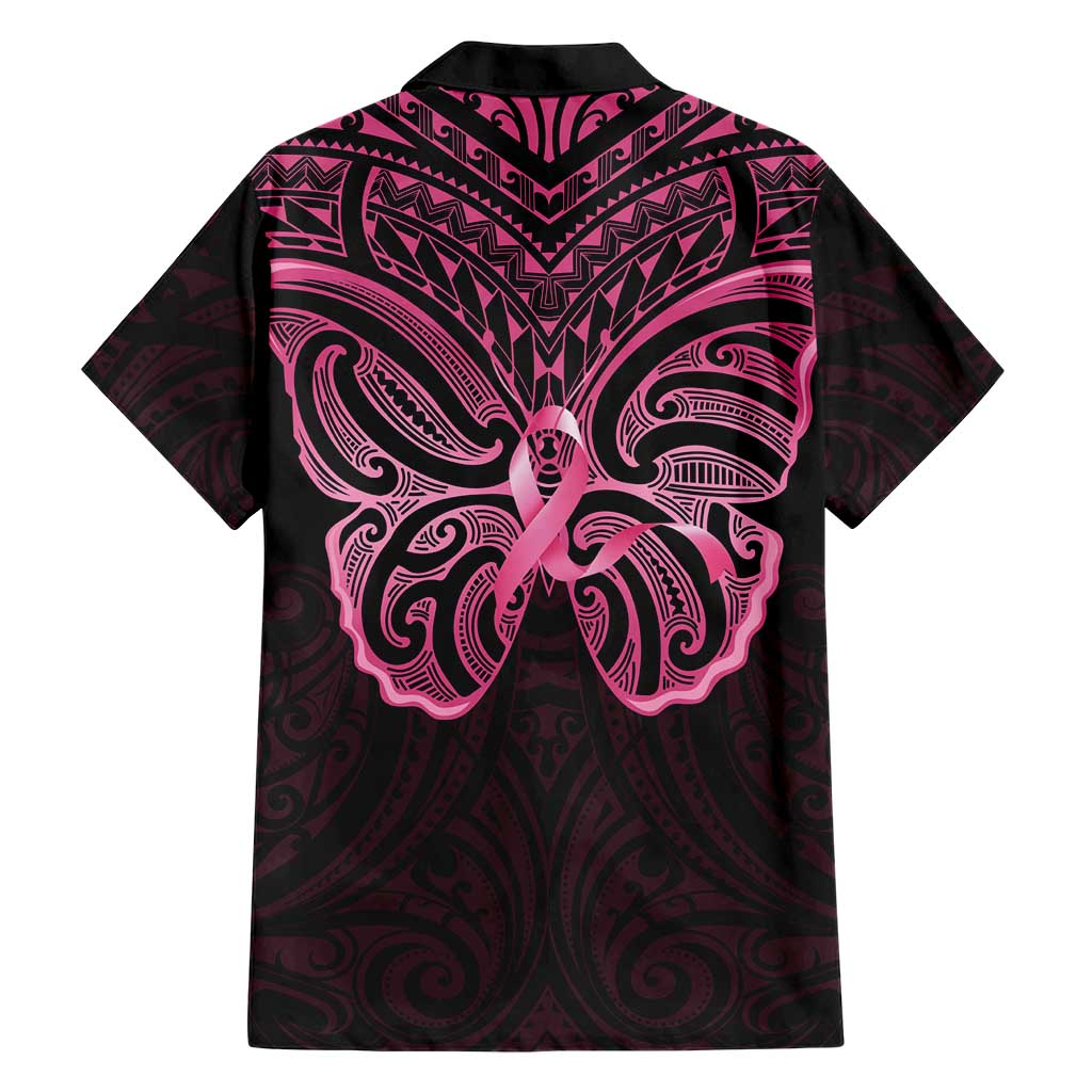 New Zealand Breast Cancer Awareness Family Matching Short Sleeve Bodycon Dress and Hawaiian Shirt Maori Butterfly Pink Ribbon Black Version - Polynesian Pride