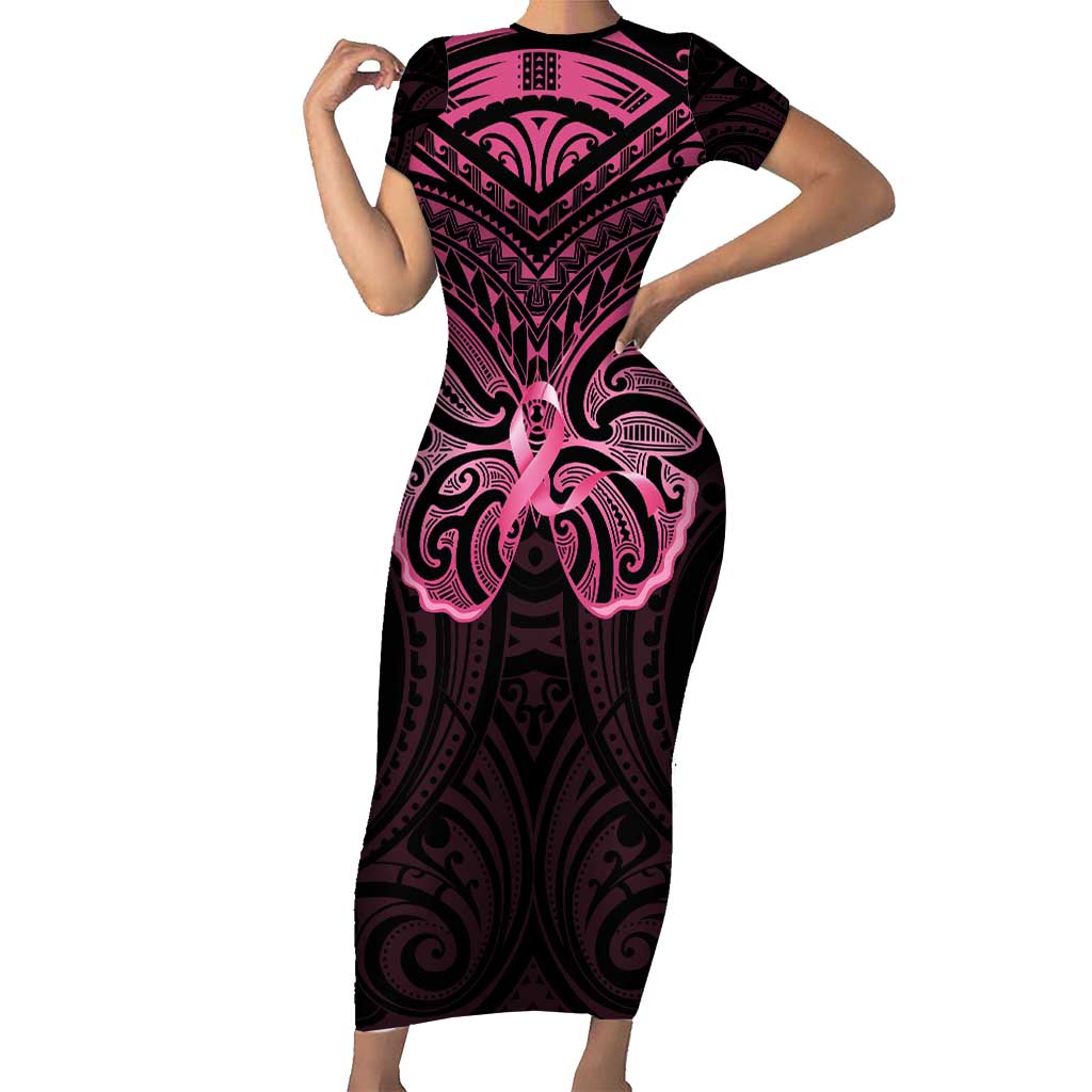 New Zealand Breast Cancer Awareness Family Matching Short Sleeve Bodycon Dress and Hawaiian Shirt Maori Butterfly Pink Ribbon Black Version - Polynesian Pride