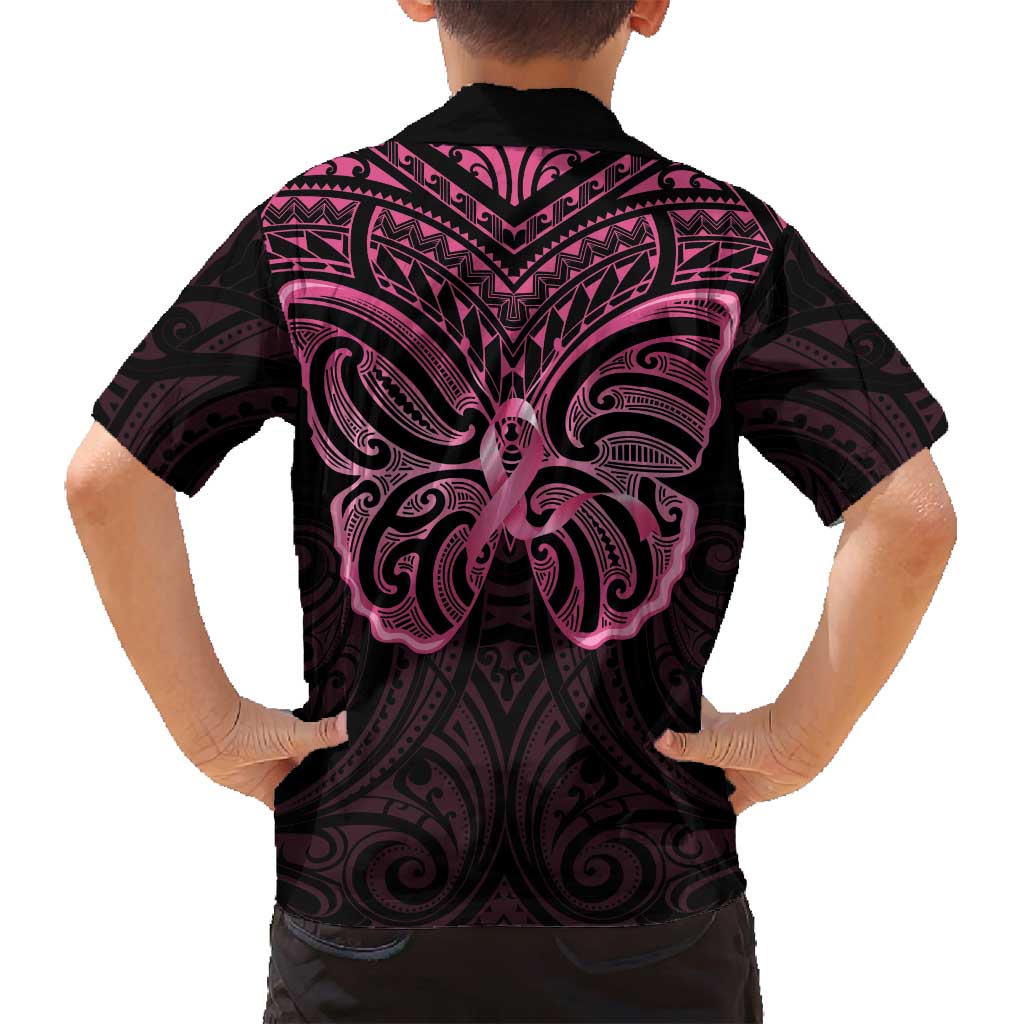 New Zealand Breast Cancer Awareness Family Matching Summer Maxi Dress and Hawaiian Shirt Maori Butterfly Pink Ribbon Black Version - Polynesian Pride