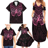 New Zealand Breast Cancer Awareness Family Matching Summer Maxi Dress and Hawaiian Shirt Maori Butterfly Pink Ribbon Black Version - Polynesian Pride