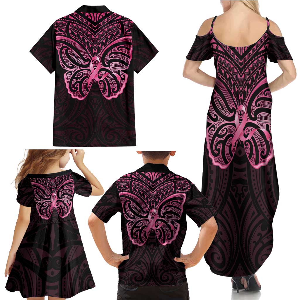 New Zealand Breast Cancer Awareness Family Matching Summer Maxi Dress and Hawaiian Shirt Maori Butterfly Pink Ribbon Black Version - Polynesian Pride