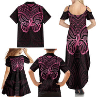 New Zealand Breast Cancer Awareness Family Matching Summer Maxi Dress and Hawaiian Shirt Maori Butterfly Pink Ribbon Black Version - Polynesian Pride