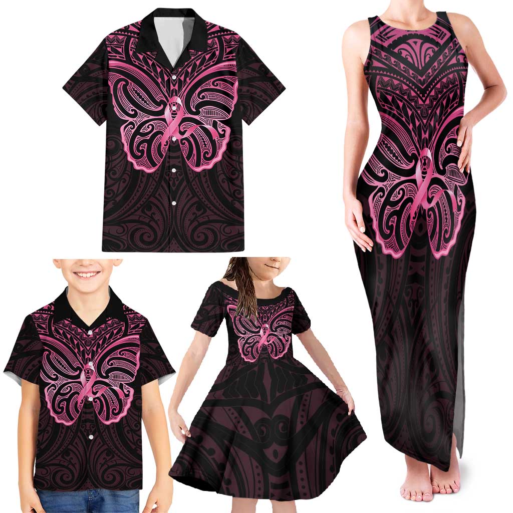 New Zealand Breast Cancer Awareness Family Matching Tank Maxi Dress and Hawaiian Shirt Maori Butterfly Pink Ribbon Black Version - Polynesian Pride