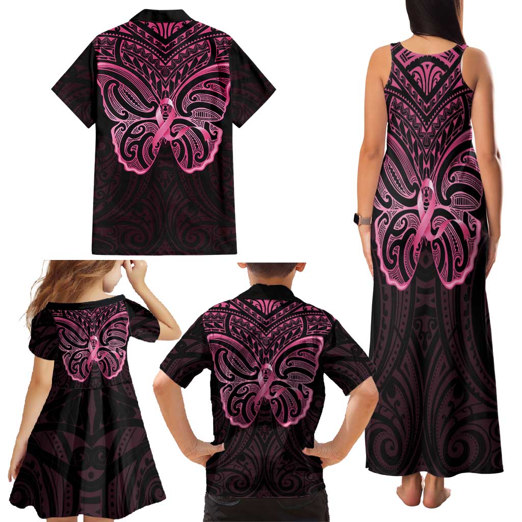 New Zealand Breast Cancer Awareness Family Matching Tank Maxi Dress and Hawaiian Shirt Maori Butterfly Pink Ribbon Black Version - Polynesian Pride