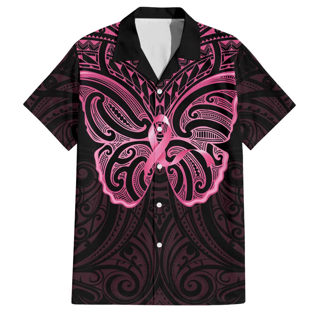 New Zealand Breast Cancer Awareness Family Matching Tank Maxi Dress and Hawaiian Shirt Maori Butterfly Pink Ribbon Black Version - Polynesian Pride