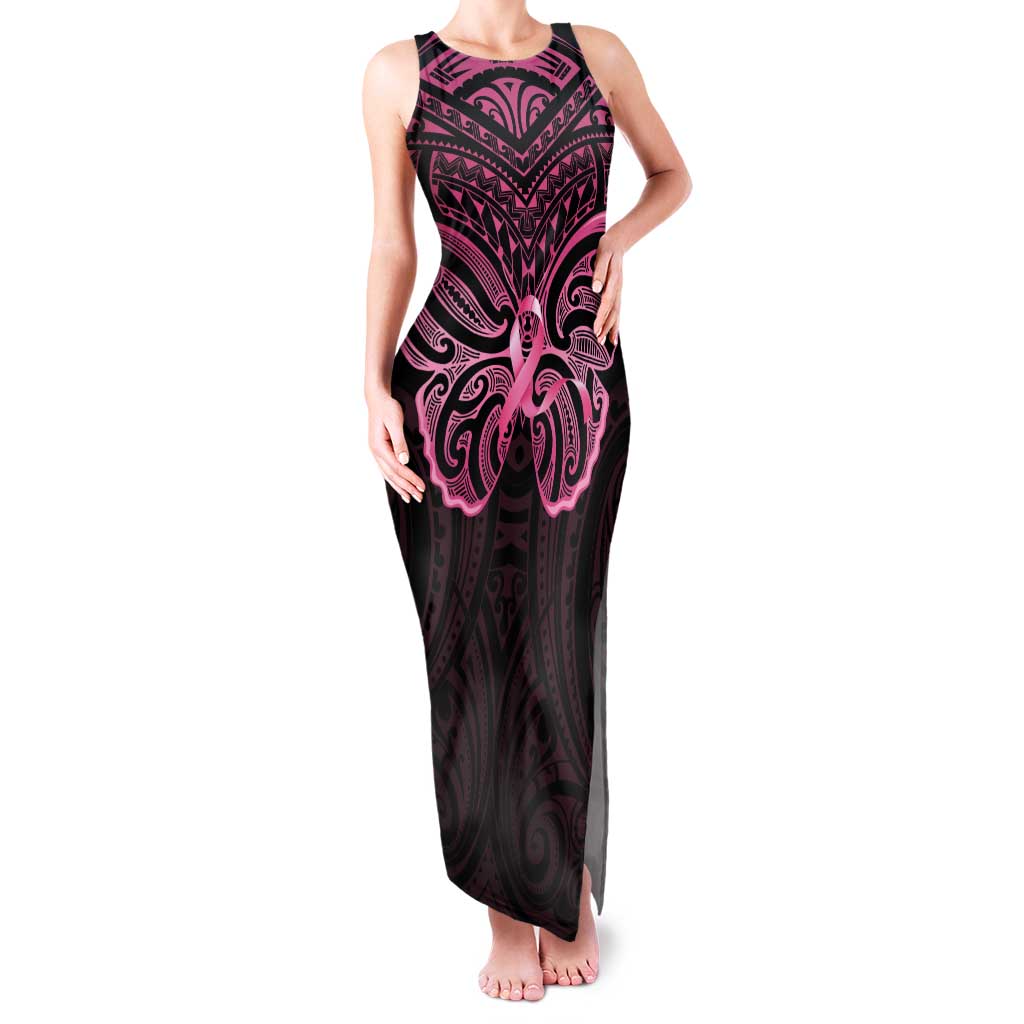 New Zealand Breast Cancer Awareness Family Matching Tank Maxi Dress and Hawaiian Shirt Maori Butterfly Pink Ribbon Black Version - Polynesian Pride