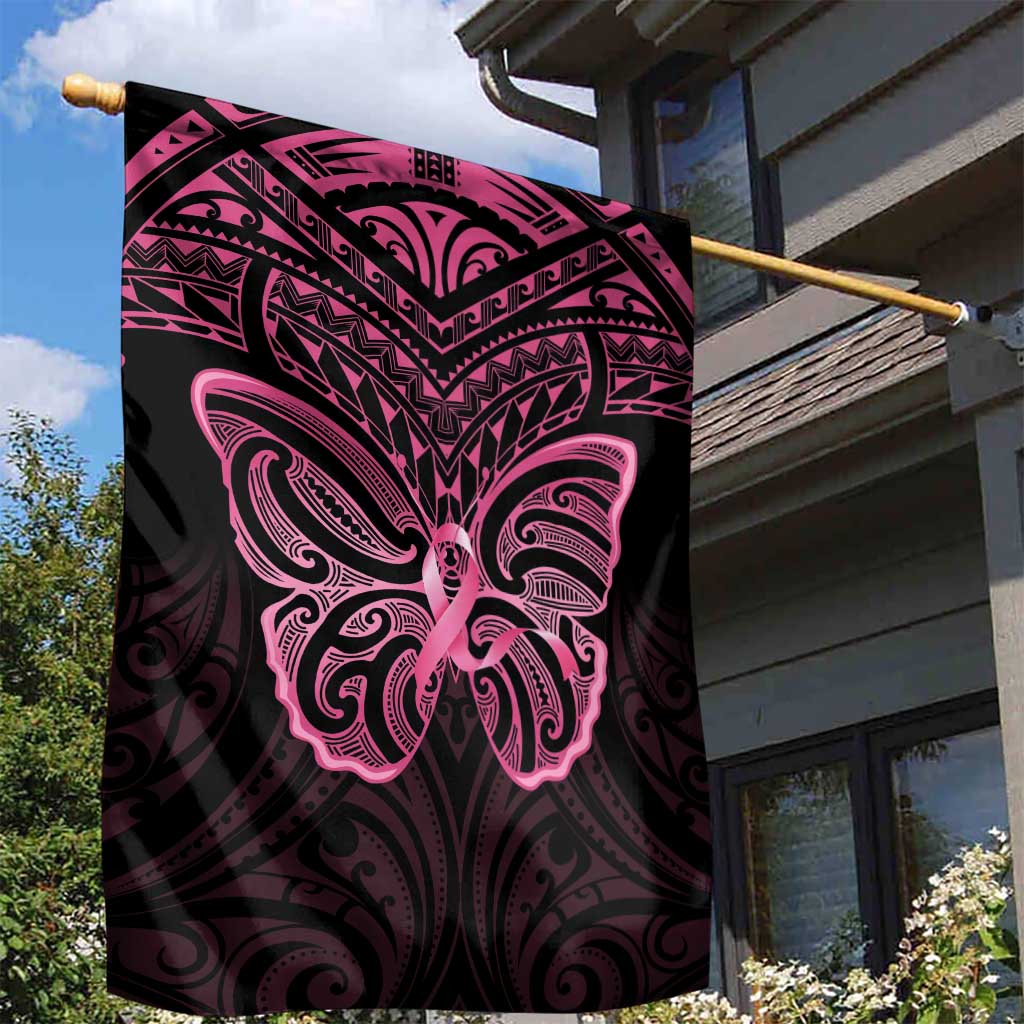 New Zealand Breast Cancer Awareness Garden Flag Maori Butterfly Pink Ribbon Black Version - Polynesian Pride