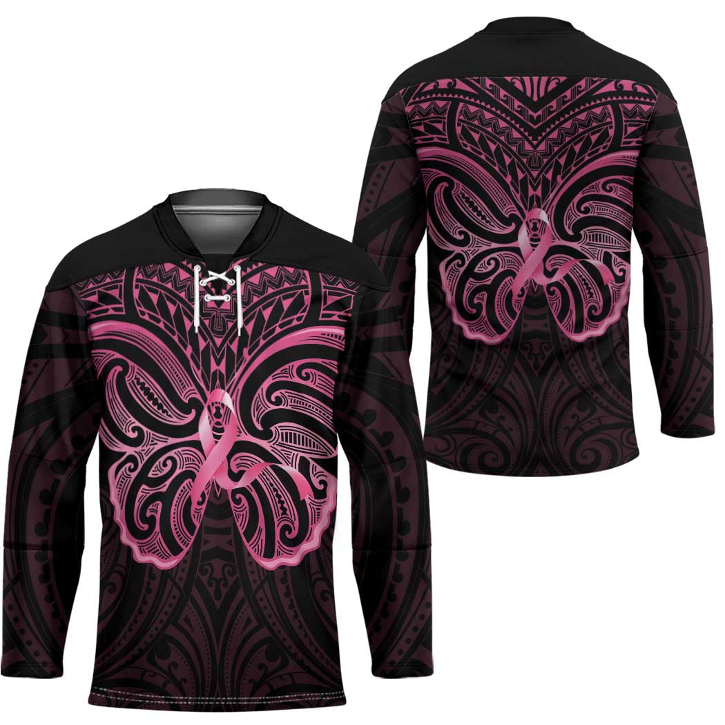 New Zealand Breast Cancer Awareness Hockey Jersey Maori Butterfly Pink Ribbon Black Version - Polynesian Pride