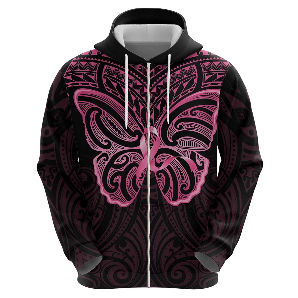 New Zealand Breast Cancer Awareness Hoodie Maori Butterfly Pink Ribbon Black Version - Polynesian Pride