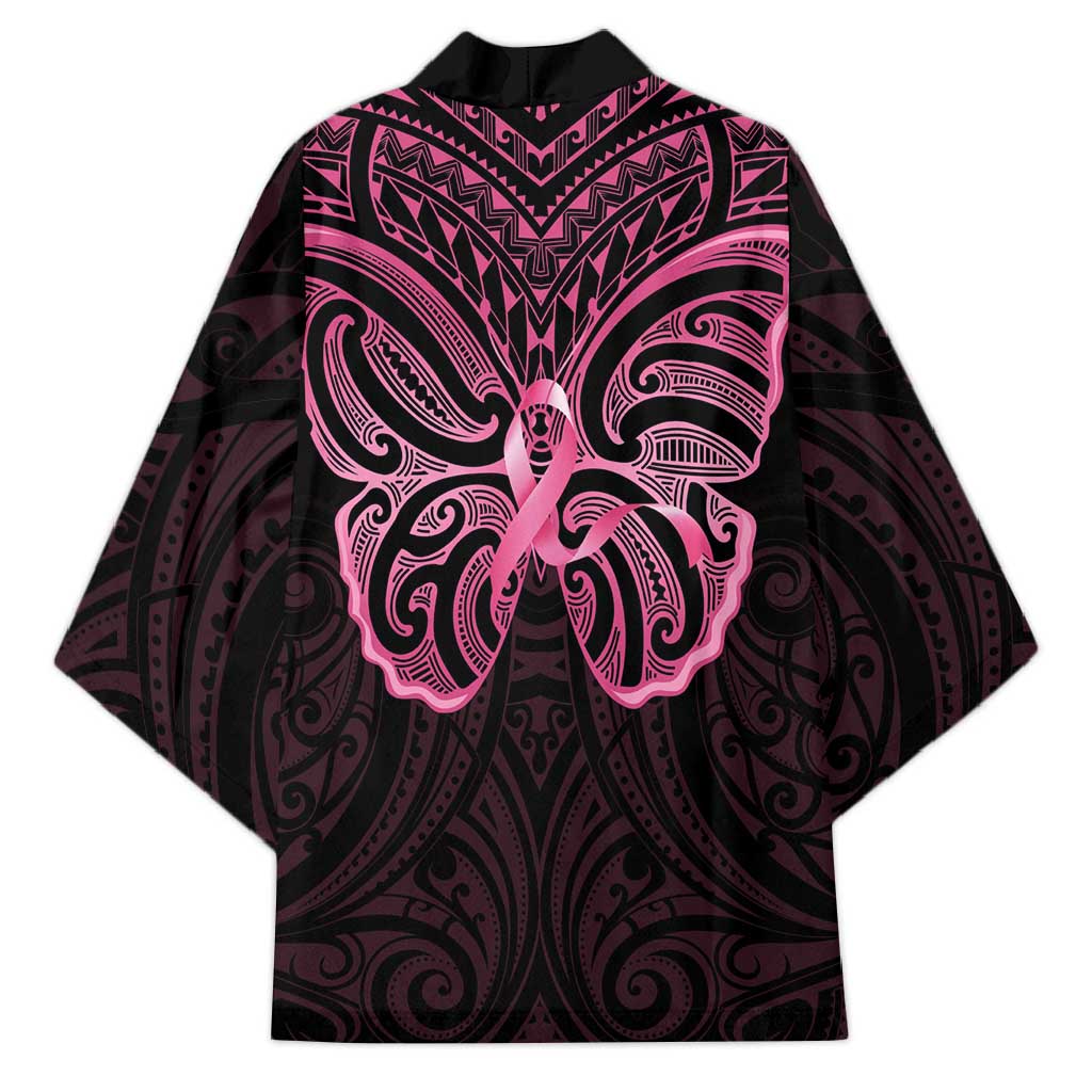 New Zealand Breast Cancer Awareness Kimono Maori Butterfly Pink Ribbon Black Version - Polynesian Pride