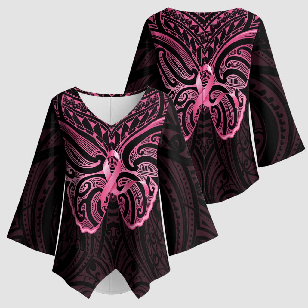 New Zealand Breast Cancer Awareness Kimono Sleeve Blouse Maori Butterfly Pink Ribbon Black Version - Polynesian Pride
