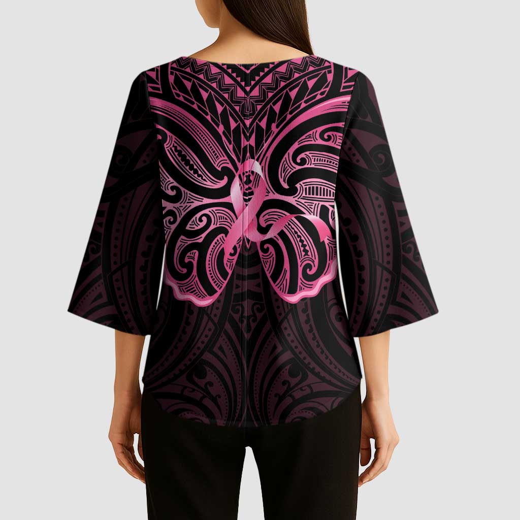 New Zealand Breast Cancer Awareness Kimono Sleeve Blouse Maori Butterfly Pink Ribbon Black Version - Polynesian Pride