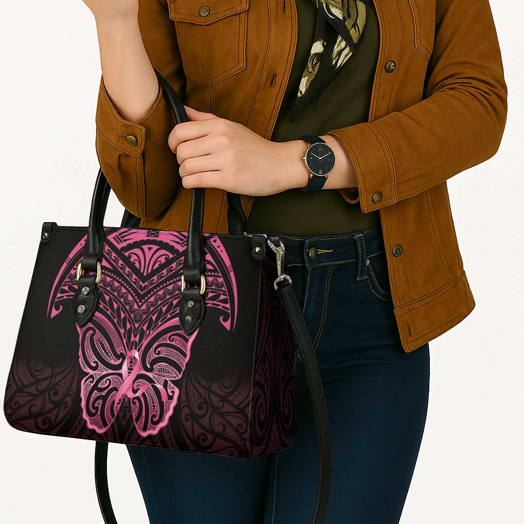 New Zealand Breast Cancer Awareness Leather Bag Maori Butterfly Pink Ribbon Black Version - Polynesian Pride