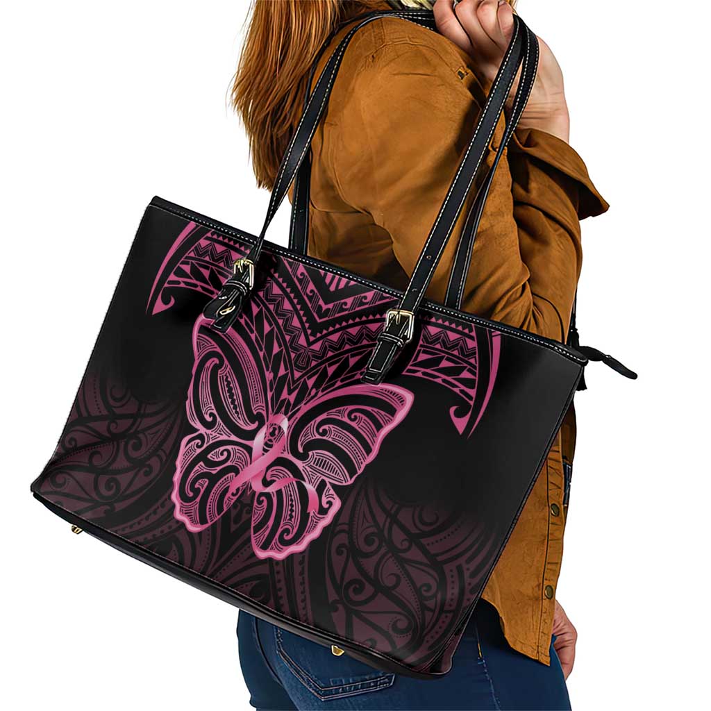 New Zealand Breast Cancer Awareness Leather Tote Bag Maori Butterfly Pink Ribbon Black Version - Polynesian Pride