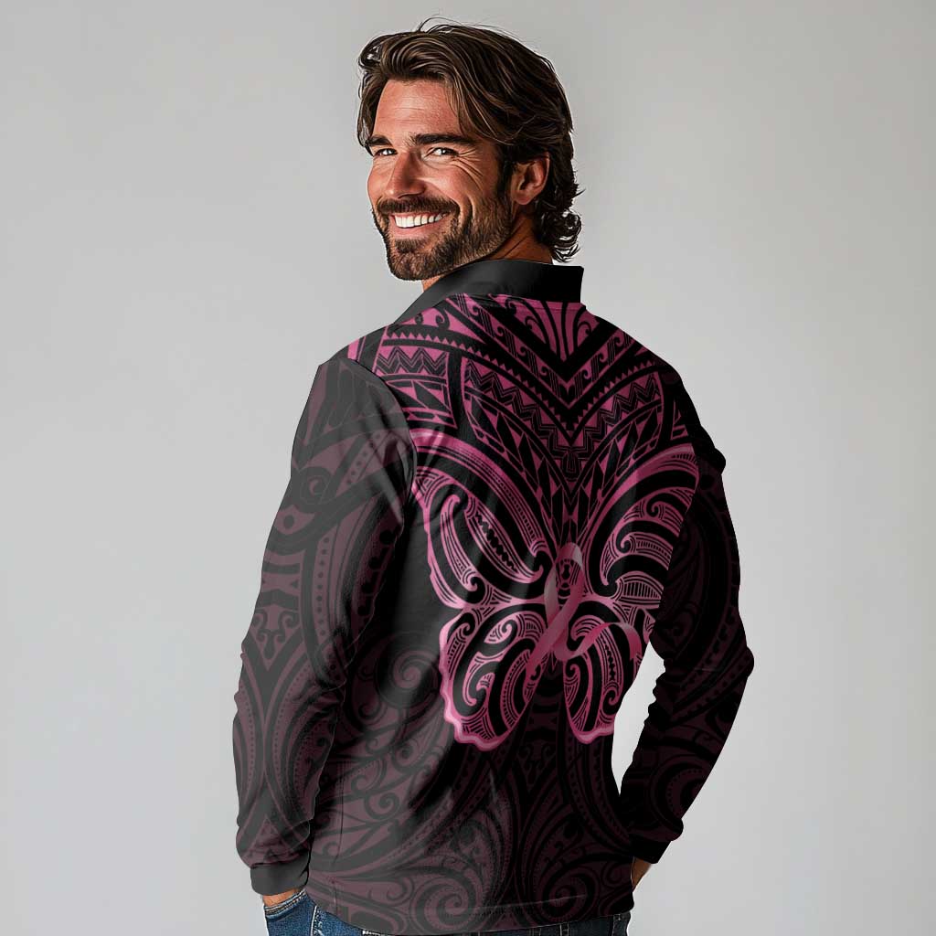 New Zealand Breast Cancer Awareness Long Sleeve Polo Shirt Maori Butterfly Pink Ribbon Black Version - Polynesian Pride