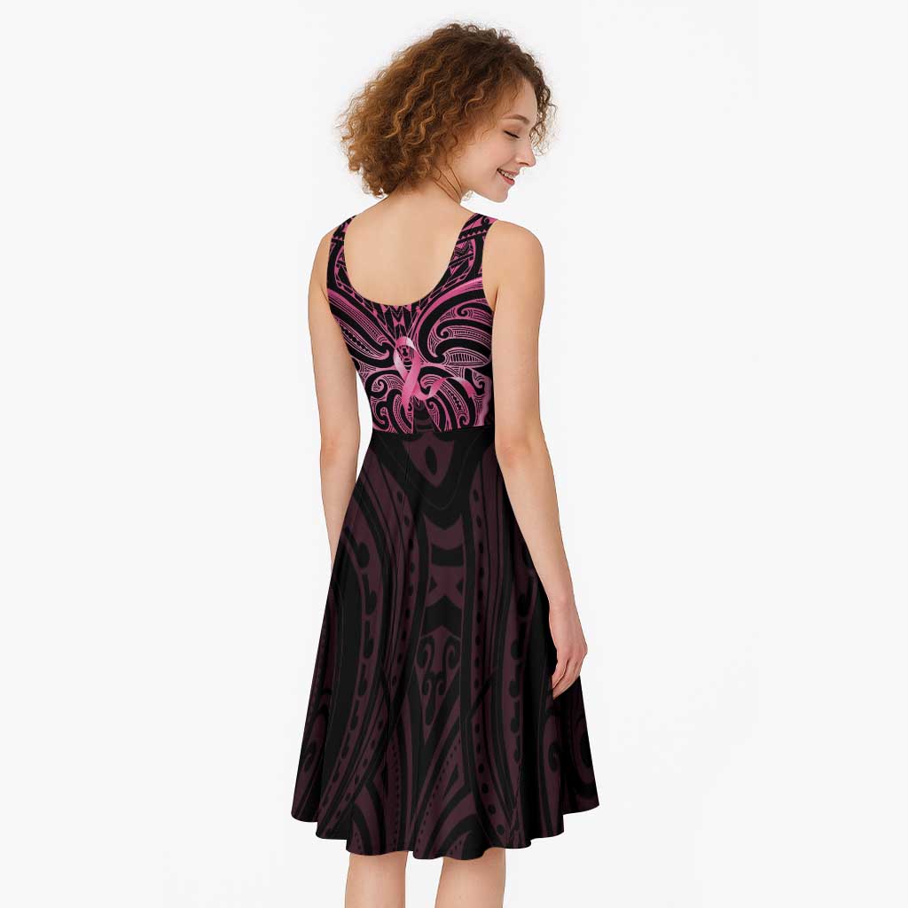 New Zealand Breast Cancer Awareness Midi Dress Maori Butterfly Pink Ribbon Black Version - Polynesian Pride