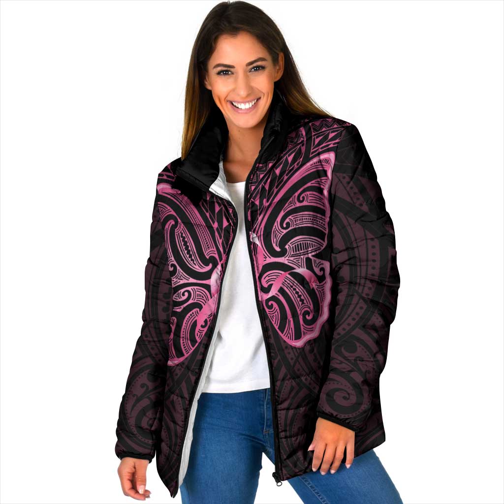 New Zealand Breast Cancer Awareness Padded Jacket Maori Butterfly Pink Ribbon Black Version - Polynesian Pride