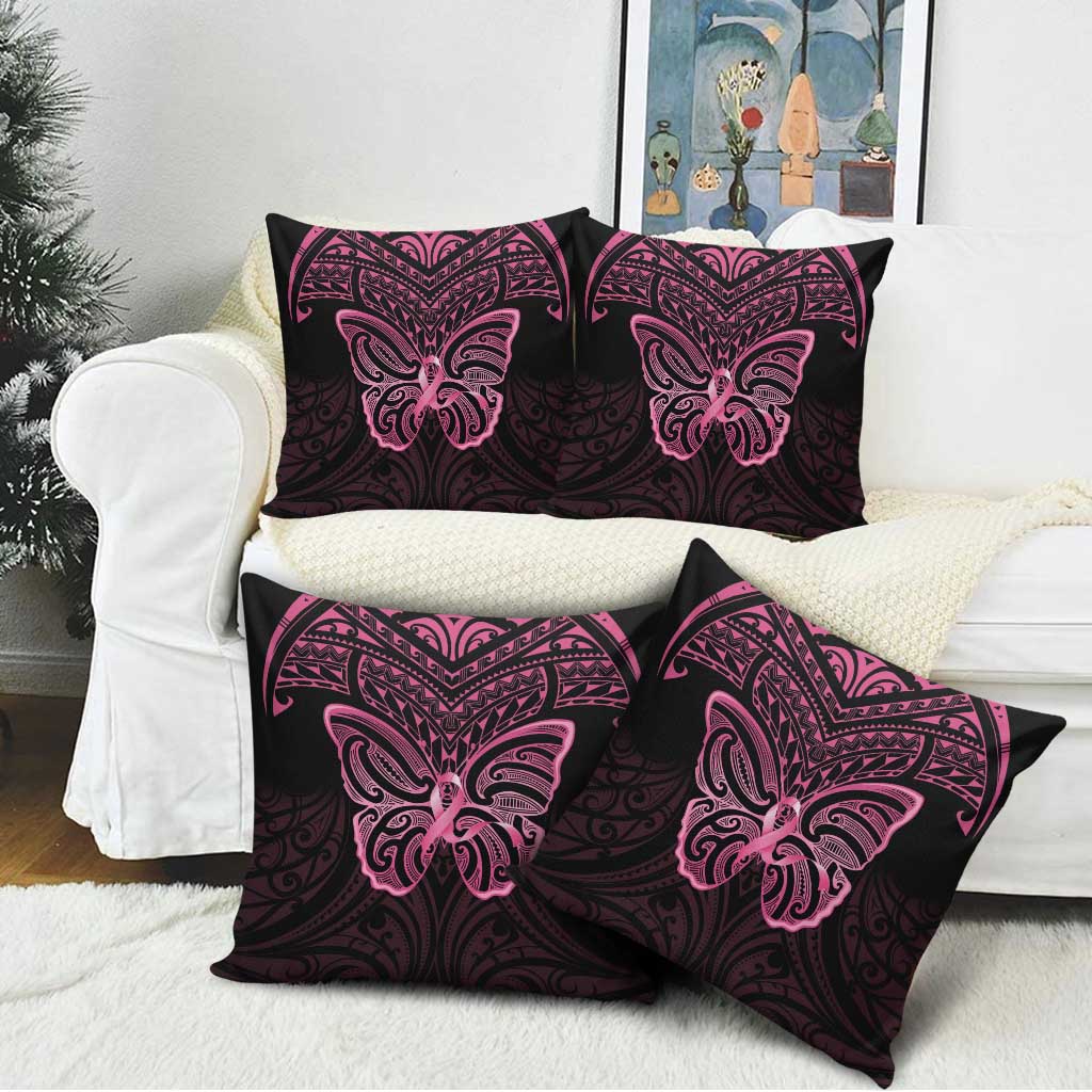 New Zealand Breast Cancer Awareness Pillow Cover Maori Butterfly Pink Ribbon Black Version - Polynesian Pride