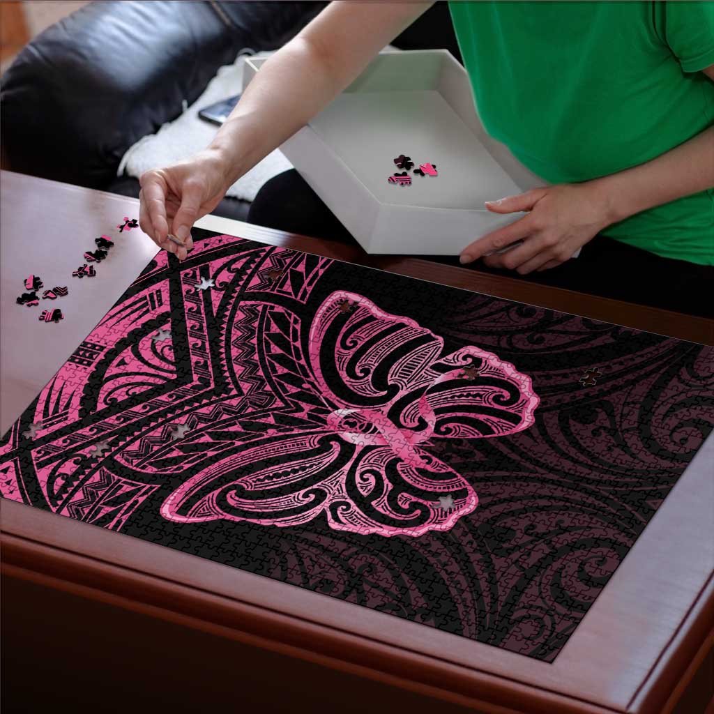 New Zealand Breast Cancer Awareness Puzzle Maori Butterfly Pink Ribbon Black Version - Polynesian Pride
