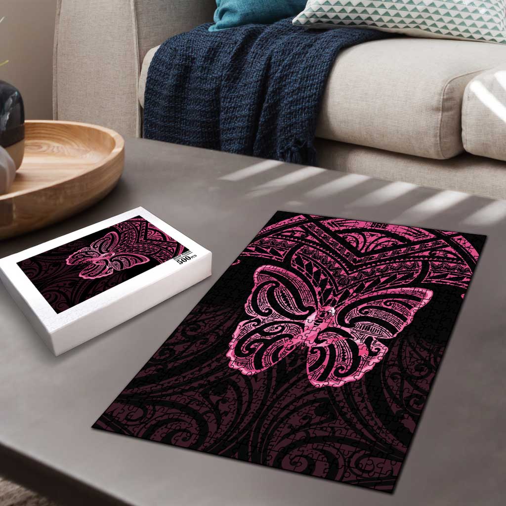 New Zealand Breast Cancer Awareness Puzzle Maori Butterfly Pink Ribbon Black Version - Polynesian Pride