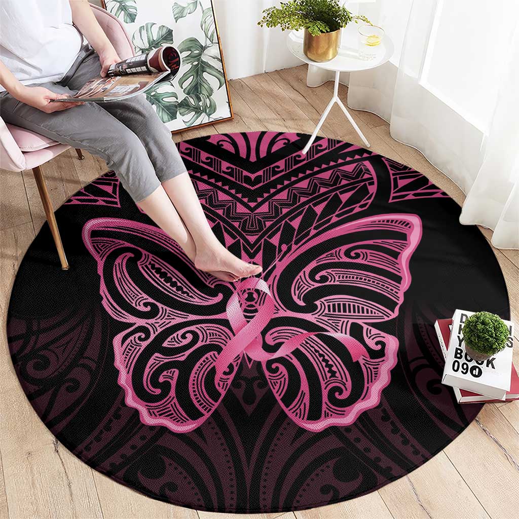 New Zealand Breast Cancer Awareness Round Carpet Maori Butterfly Pink Ribbon Black Version - Polynesian Pride