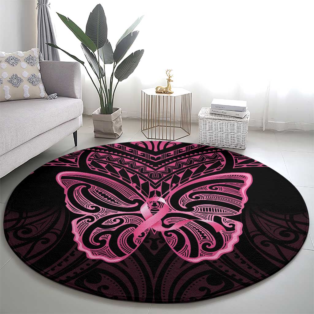 New Zealand Breast Cancer Awareness Round Carpet Maori Butterfly Pink Ribbon Black Version - Polynesian Pride