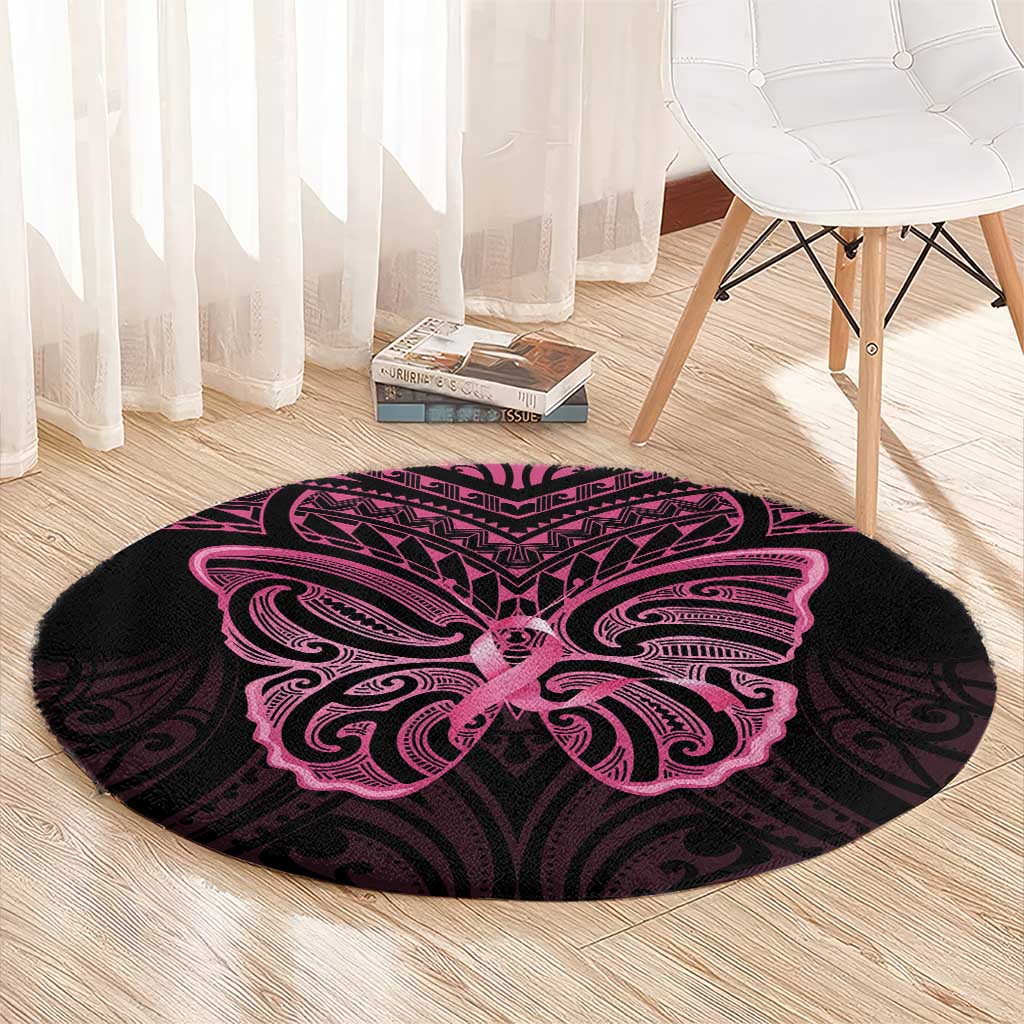 New Zealand Breast Cancer Awareness Round Carpet Maori Butterfly Pink Ribbon Black Version - Polynesian Pride