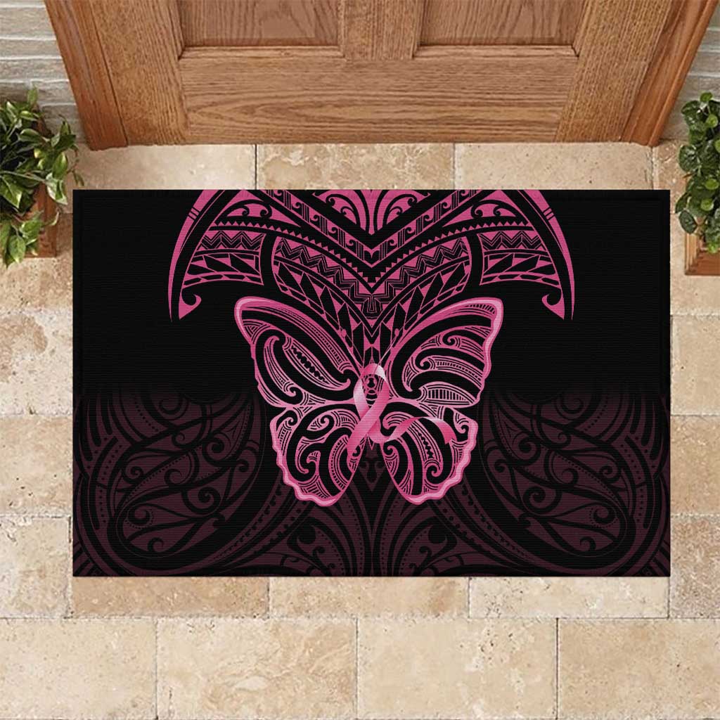 New Zealand Breast Cancer Awareness Rubber Doormat Maori Butterfly Pink Ribbon Black Version - Polynesian Pride