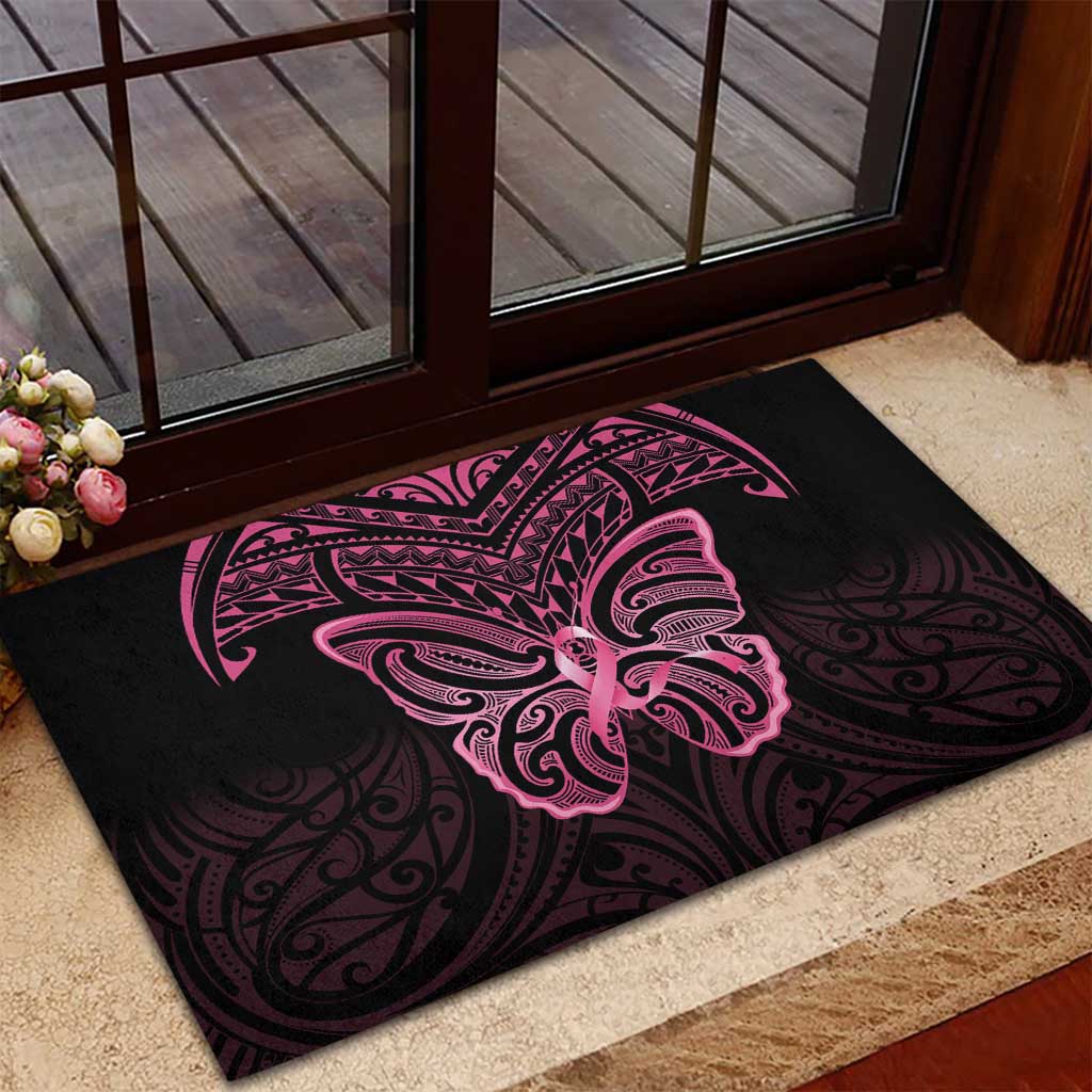 New Zealand Breast Cancer Awareness Rubber Doormat Maori Butterfly Pink Ribbon Black Version - Polynesian Pride