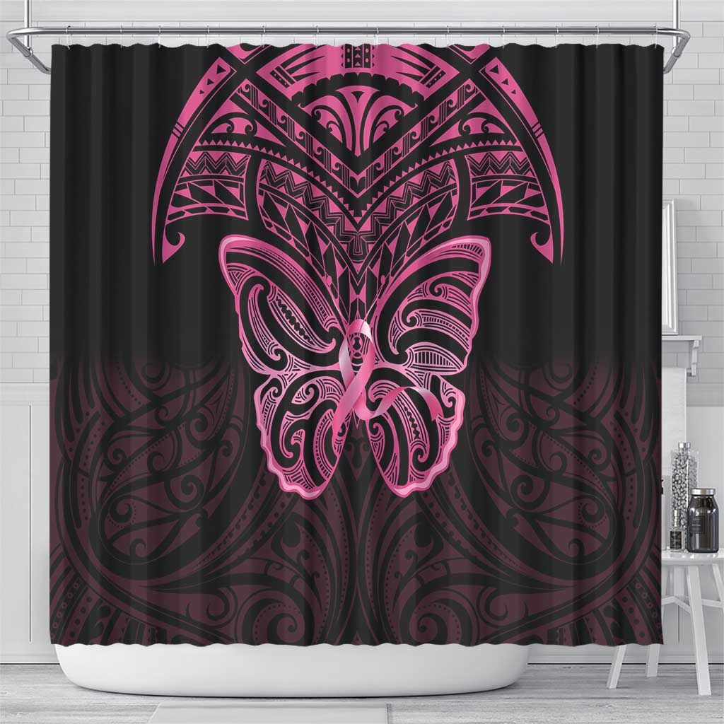 New Zealand Breast Cancer Awareness Shower Curtain Maori Butterfly Pink Ribbon Black Version - Polynesian Pride