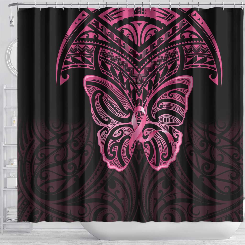New Zealand Breast Cancer Awareness Shower Curtain Maori Butterfly Pink Ribbon Black Version - Polynesian Pride