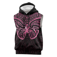 New Zealand Breast Cancer Awareness Sleeveless Hoodie Maori Butterfly Pink Ribbon Black Version - Polynesian Pride