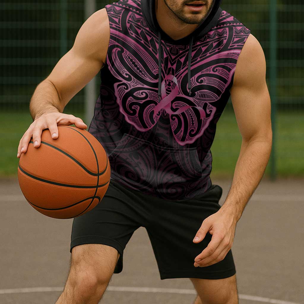New Zealand Breast Cancer Awareness Sleeveless Hoodie Maori Butterfly Pink Ribbon Black Version - Polynesian Pride