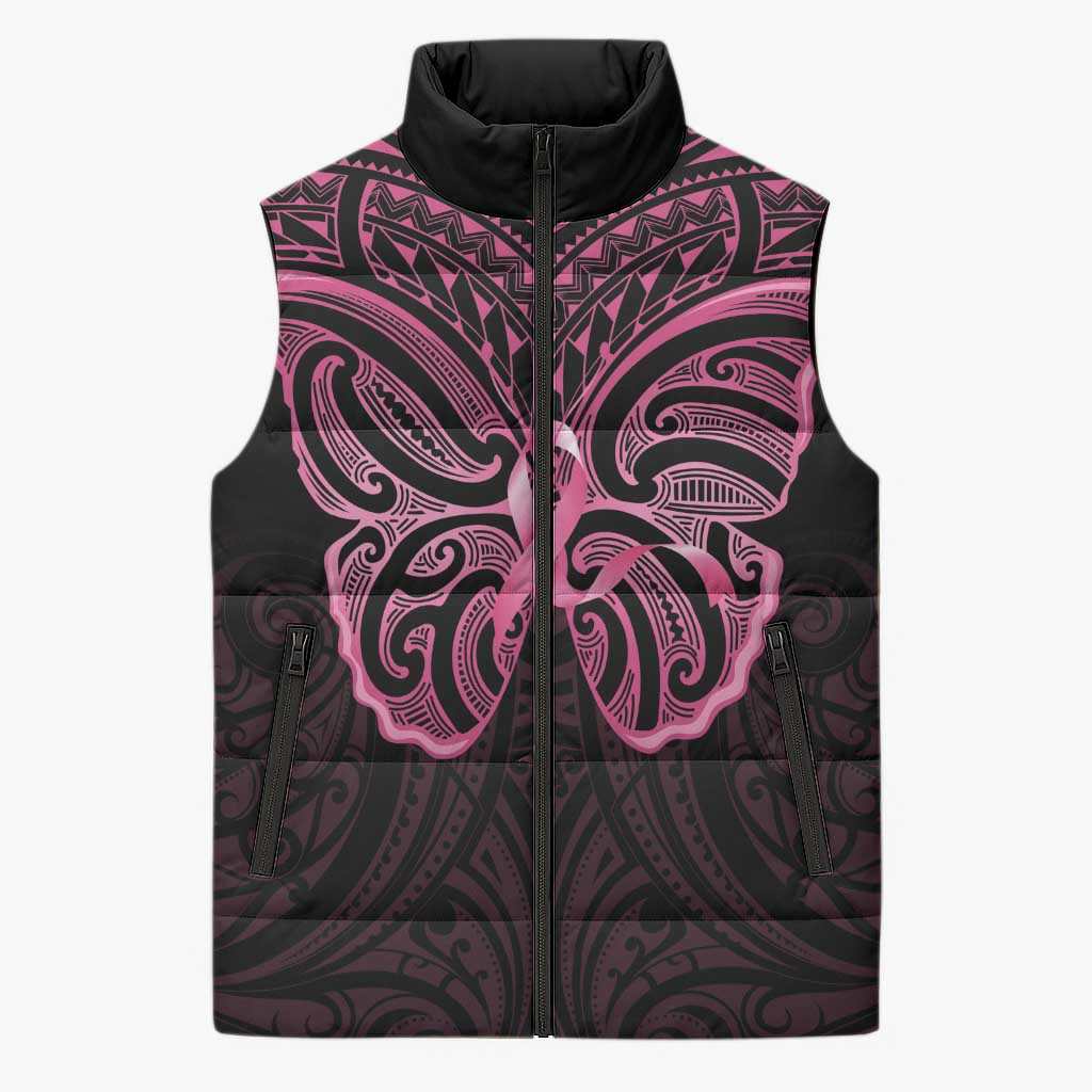 New Zealand Breast Cancer Awareness Sleeveless Puffer Jacket Maori Butterfly Pink Ribbon Black Version - Polynesian Pride