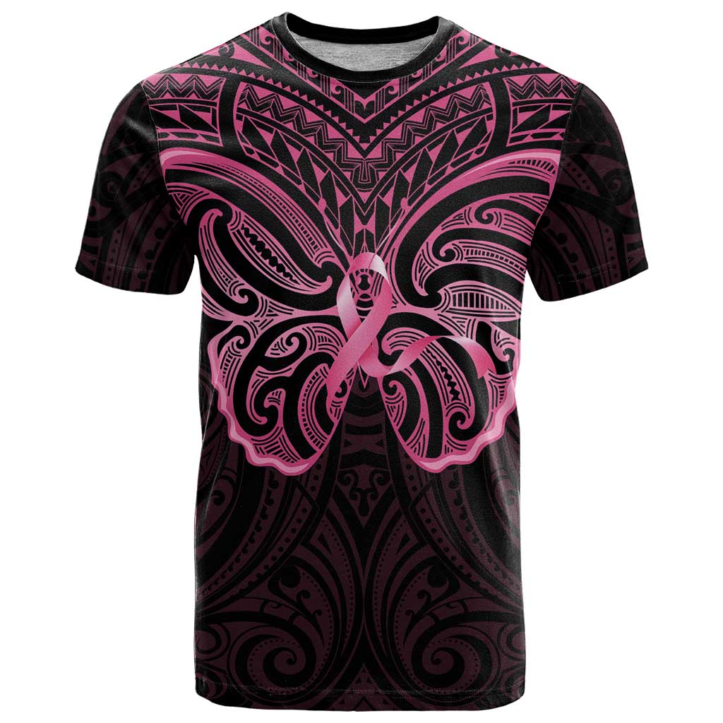 New Zealand Breast Cancer Awareness T Shirt Maori Butterfly Pink Ribbon Black Version - Polynesian Pride