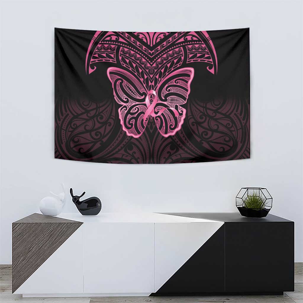 New Zealand Breast Cancer Awareness Tapestry Maori Butterfly Pink Ribbon Black Version - Polynesian Pride