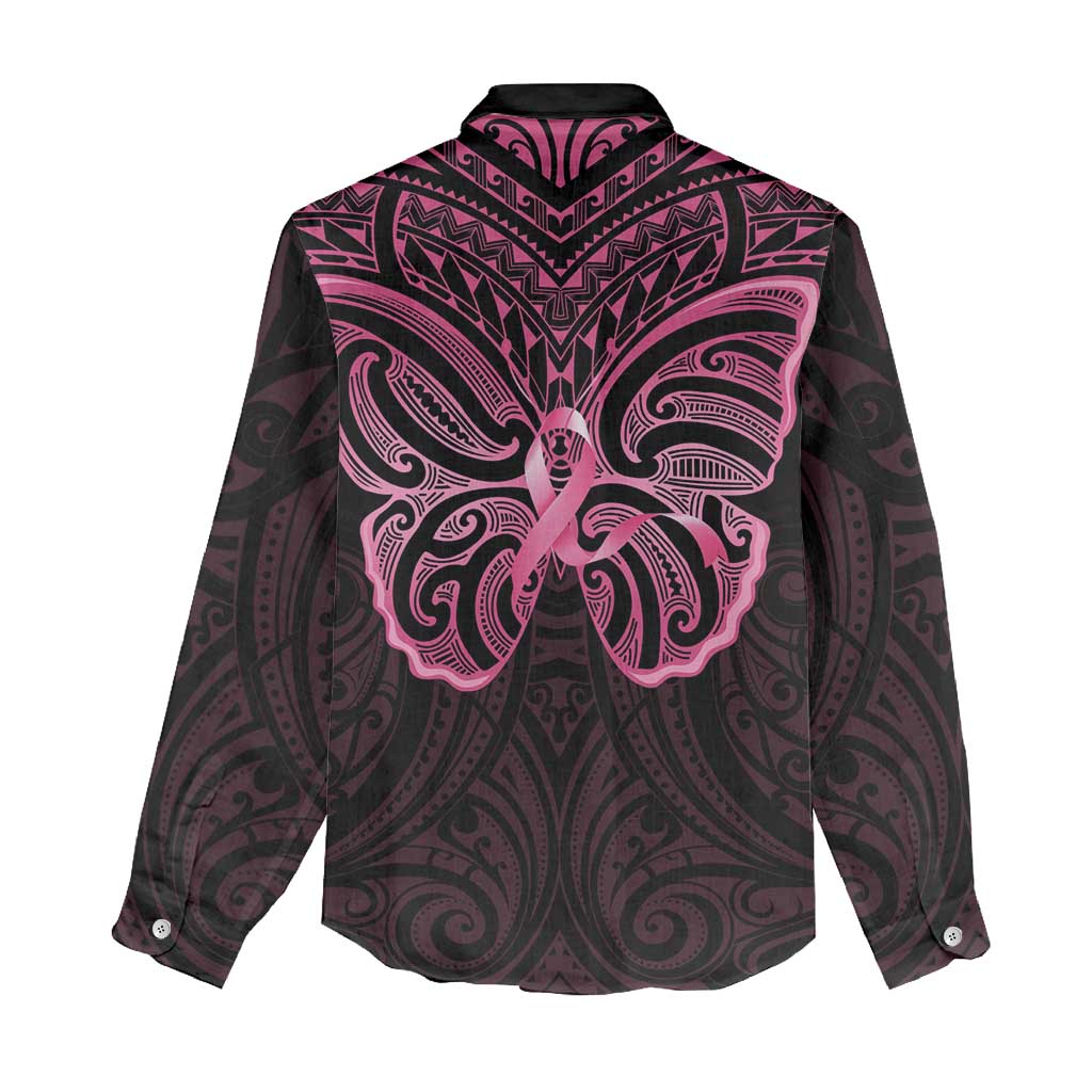 New Zealand Breast Cancer Awareness Women Casual Shirt Maori Butterfly Pink Ribbon Black Version - Polynesian Pride