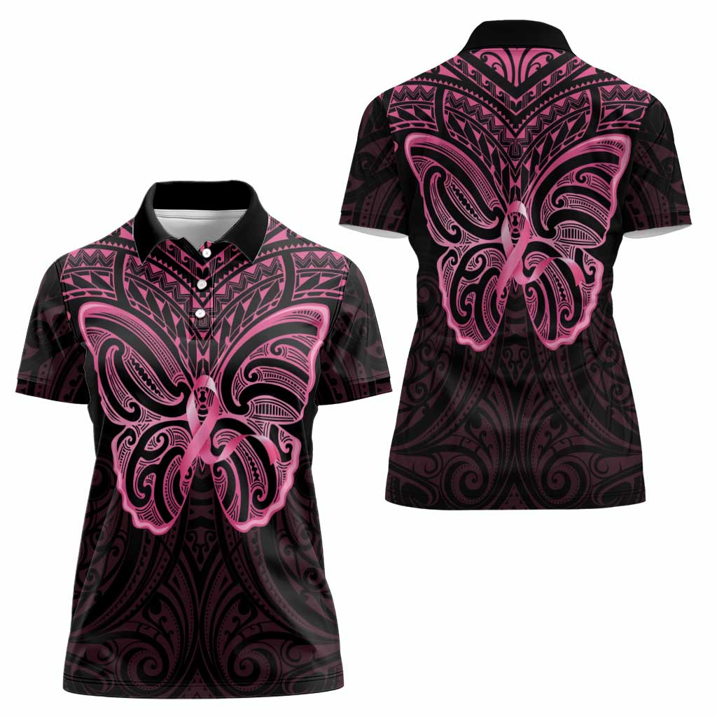 New Zealand Breast Cancer Awareness Women Polo Shirt Maori Butterfly Pink Ribbon Black Version - Polynesian Pride
