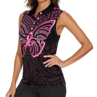 New Zealand Breast Cancer Awareness Women Sleeveless Polo Shirt Maori Butterfly Pink Ribbon Black Version - Polynesian Pride
