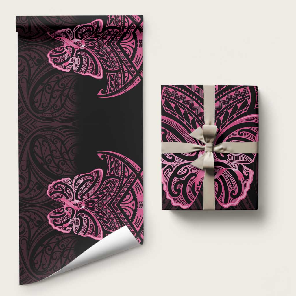 New Zealand Breast Cancer Awareness Wrapping Paper Maori Butterfly Pink Ribbon Black Version - Polynesian Pride