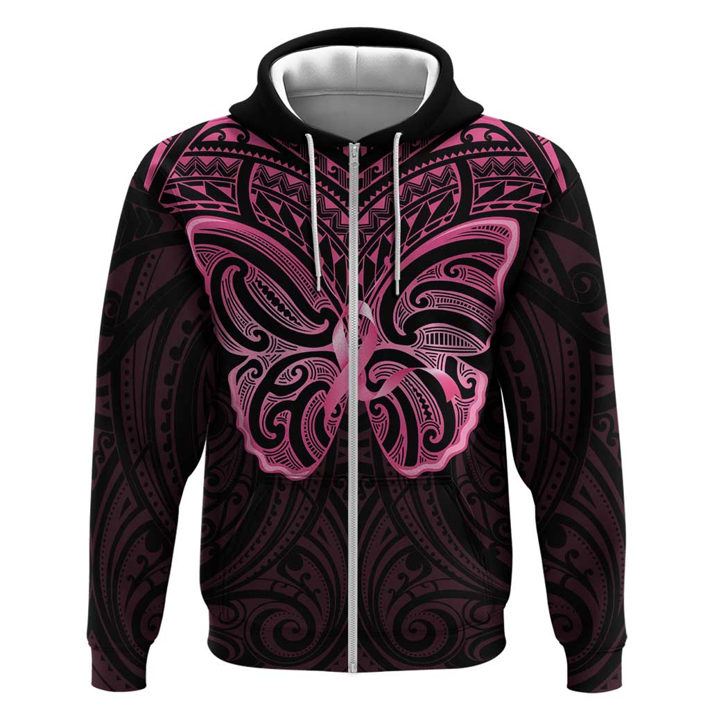 New Zealand Breast Cancer Awareness Zip Hoodie Maori Butterfly Pink Ribbon Black Version - Polynesian Pride
