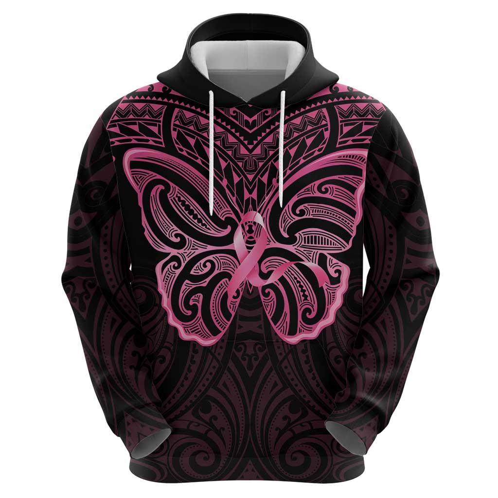 New Zealand Breast Cancer Awareness Zip Hoodie Maori Butterfly Pink Ribbon Black Version - Polynesian Pride