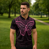 New Zealand Breast Cancer Awareness Zipper Polo Shirt Maori Butterfly Pink Ribbon Black Version - Polynesian Pride