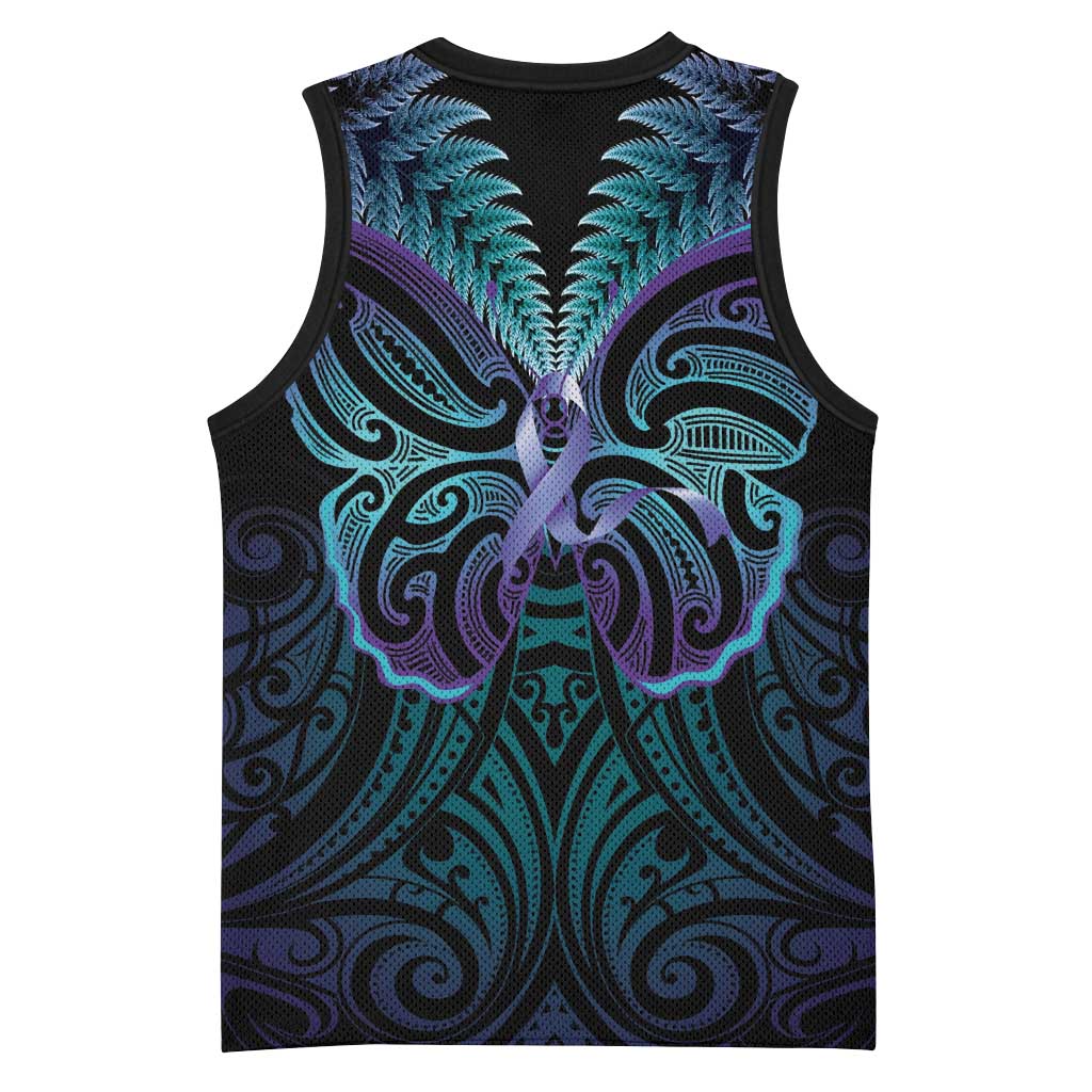 Suicide Prevention New Zealand Basketball Jersey Aotearoa Maori Butterfly Mix Silver Fern - Polynesian Pride