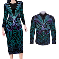 Suicide Prevention New Zealand Couples Matching Long Sleeve Bodycon Dress and Long Sleeve Button Shirt Aotearoa Maori Butterfly Mix Silver Fern LT14 Black - Polynesian Pride