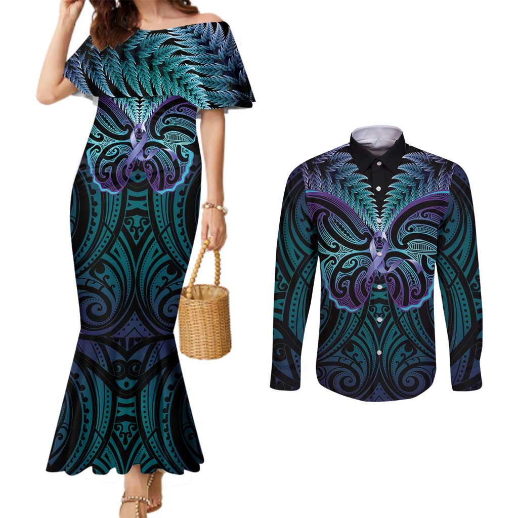 Suicide Prevention New Zealand Couples Matching Mermaid Dress and Long Sleeve Button Shirt Aotearoa Maori Butterfly Mix Silver Fern LT14 Black - Polynesian Pride